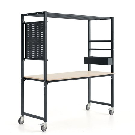 Mobile multi-table TEAMWORK, accessory box, tool panel, anthracite/birch