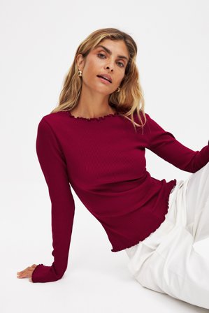 NA-KD Babylock Ribbed Long Sleeve Top - Langærmede t-shirts - Burgundy - Large