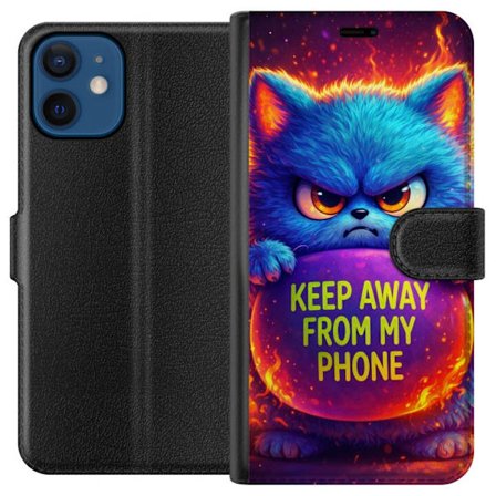 Kompatibelt Lommeboketui til Apple Apple iPhone 12 mini Sinna lodne blå katt med teksten "Hold deg unna telefonen min" i neonfarger og ildlignende ef