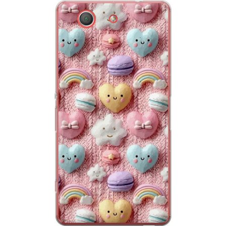 Kompatibel Mobilcover til Sony Xperia Z3 Compact Pastelmotiv med hjerter, skyer, regnbuer og macarons mod lyserød baggrund i en sød drømmende stil.