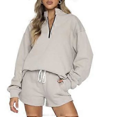 Dam 2-delade träningsdräkter set avslappnad oversized dragkedja långärmad huvtröja sweatshirt topp och shorts lounge set ljusgrå M(M ljusgrå)
