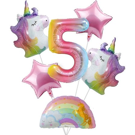 Yksisarvisen syntymäpäiväkoristeet tytöille 5-vuotissyntymäpäivä - Yksisarvispallojen kimppu sateenkaariyksisarvisjuhlatarvikkeisiin (numero 5)