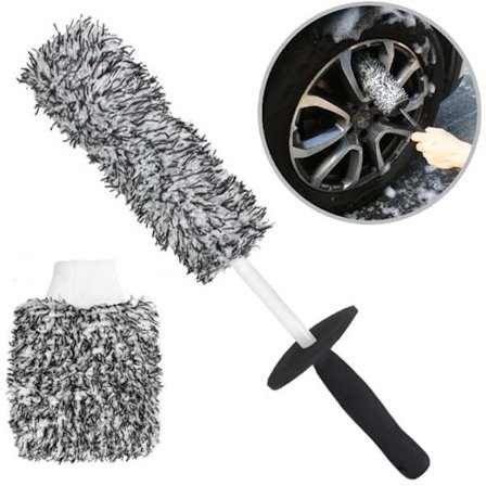 ING Fælge børste - Fælgrens - Bilfælge børste - Mikrofiber bilrens - Langt håndtag - Børste til rengøring af bil- og motorcykelfælge - Dæk-/egebørste
