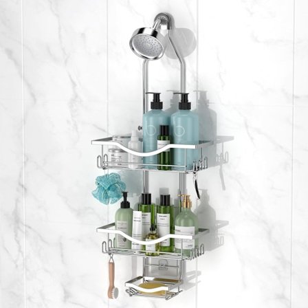 Hængende brusehylde, justerbar bruseorganisator, rustfri brusehylde, ekstra lang brusehylde, brusehovedhylde med kroge, sølv.