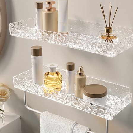 Akryl Baderomshyller Lys Luksus Moderne Klar Steinmønster Punchfri Veggmontert Dusjhylle for Baderom Uten Stang