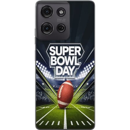 Kompatibelt Mobildeksel til Motorola Moto G75 Super Bowl Day plakat med amerikansk fotball på opplyst arena i dramatisk sportsdesign