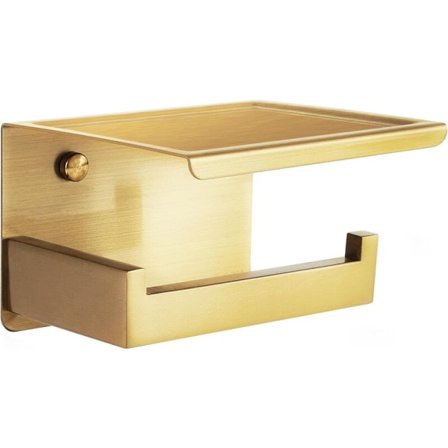 Toalettpapirholder i børstet messing, selvklebende med hylle, tapetholder for bad, rustfritt stål, toalettpapirholder uten boring