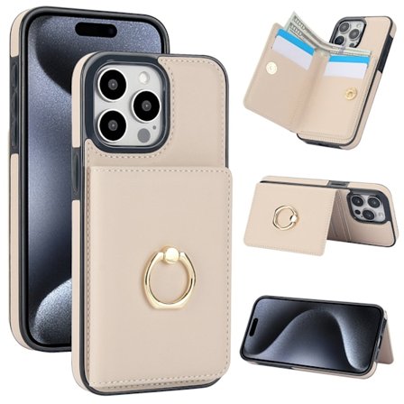 Etui til iPhone15 beige hvidt kort slot ring pung ve læder