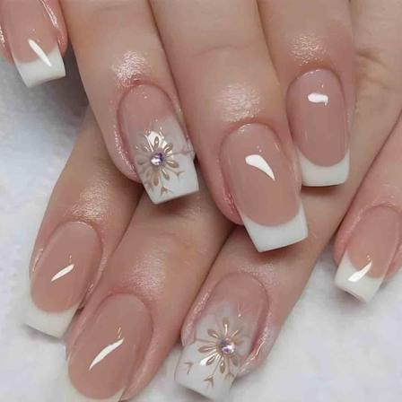 Naken falske negler tips firkantet fransk trykk på negler rhinestone medium lengde slitasje kunstige negler for neglekunst manikyr dekorasjon, 24 stk