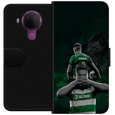 Kompatibelt Lommeboketui til Nokia 5.4 Neonmotiv med teksten "Gaming is in my DNA" på en blå og rød murvegg med en lysende DNA-spiral.