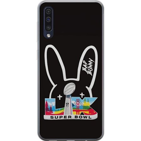 Kompatibelt Mobildeksel til Samsung Galaxy A50 Bad Bunny portrett med åpen skjorte, tatoveringer og krøllete hår i stilfull motefotografering