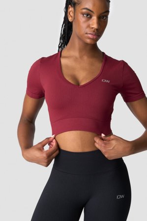 ICANIWILL - Ribbed Define Seamless V-neck Cropped T-shirt Burgundy - Dames - sportkleding van ICIW
