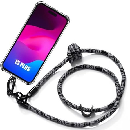 Coque Bandoulière - för iPhone 15 Plus - Transparent - Stötsäker - Grå - Mjuk