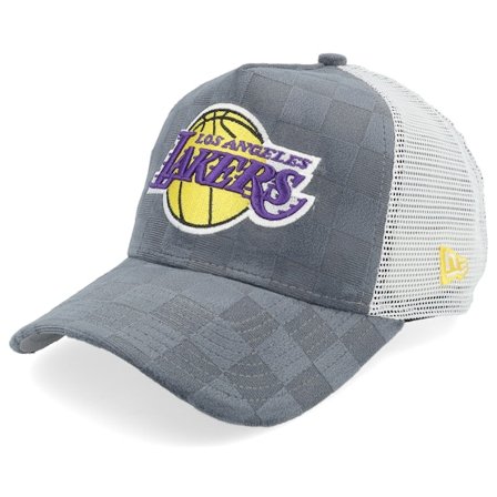 New Era - NBA Grey trucker Czapka Z Daszkiem - Los Angeles Lakers Tonal Check Trucker Grey A-frame Trucker @ Hatstore