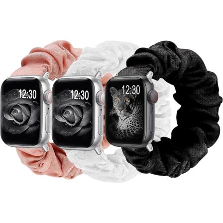 IC 3-pak kompatibel med Apple Watch Band Scrunchies 38 mm stof Blødt mønster trykt stof - Lille størrelse 38/40 mm - Sølvkontakt