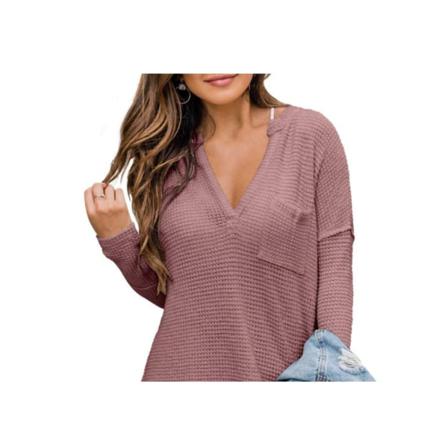 V-halsad Våffelstickad Långärmad Tröja För Kvinnor