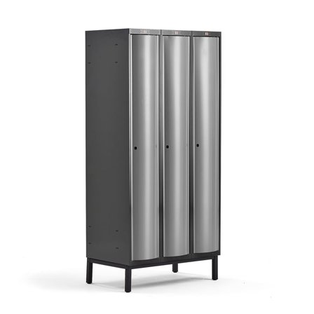 Clothes locker CURVE, leg frame, 3 x 1 doors, 1940x900x550 mm, grey