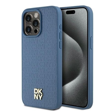 DKNY läderfodral med monogrammönster och metallogo MagSafe-fodral för iPhone 15 Pro Max - Blå