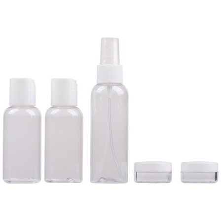 Matkasetti, jossa 3 pulloa ja 2 purkkia, läpinäkyvä