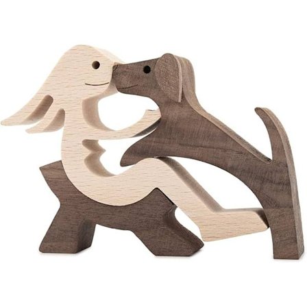 Käsityönä valmistettu puinen patsas, istuva nainen ja koira, puinen koriste-esine