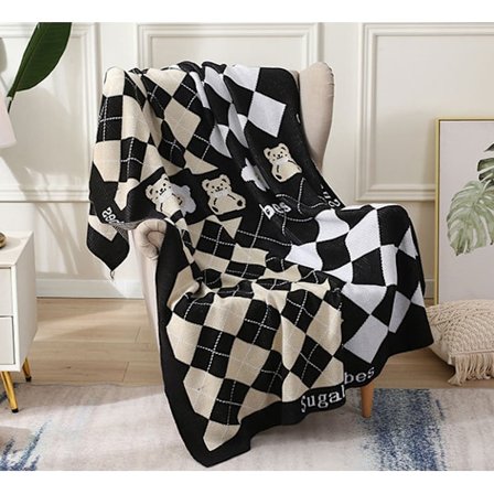 1 stk. 110x130cm Beige Bjørn Strikket Tæppe Plaid Blødt Komfortabelt