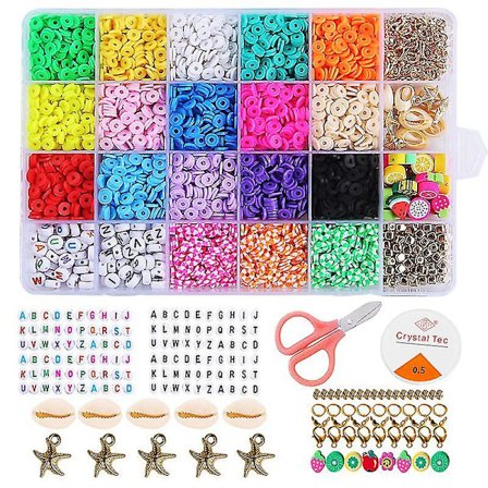 4000 stk Polymer Lerperler 18 Farver Flade Perler 6mm, med Lerperler, Bogstavperler, Springringe, Vedhæng, Krystalstreng til DIY Smykker Armbånd 