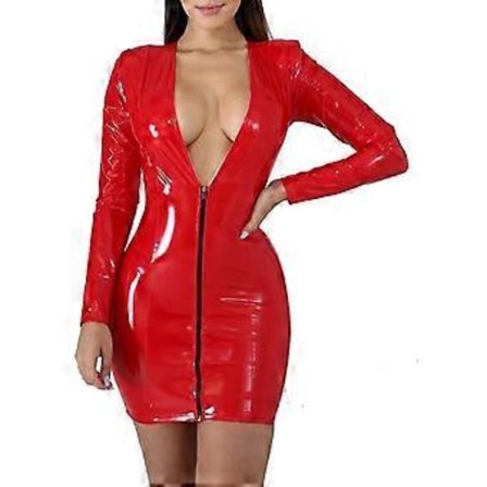Dame Sexy Faux Leather Kjole Dyp V-hals Langermet Partykjole Club Wear (XXL Rød)