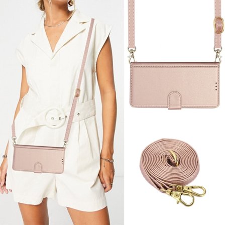 Fodral för iPhone16 PLUS roséguld långt rep crossbody anti fall plånbok läder
