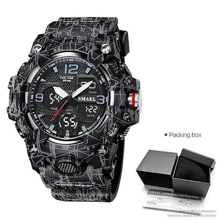 Smael Dual Time Herreur Mode Vandtæt Kvarts Digitalt Armbåndsur Vækkeur LED Baggrundslys Kalenderure 8008