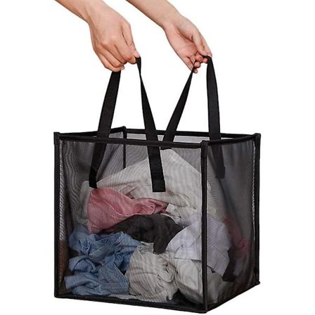 Vaskekurv med håndtak, bærbar sammenleggbar nettingkurv for skittentøy, sammenleggbar for oppbevaring, barnerom, studenthybel eller reise (svart)