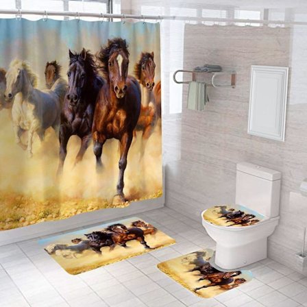 Heste Bruseforhæng Sæt 4 Dele Badeværelsessæt (stil 15), Dyr Sort Hest Vandtæt Bruseforhæng Skridsikker Konturmåtte Toiletlåg Betræk Og Gulvmåtte