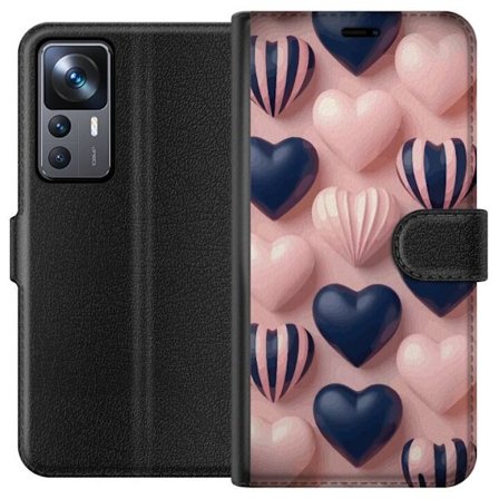Kompatibelt Lommeboketui til Xiaomi 12T Pro Myke tredimensjonale hjerter i rosa og marineblå toner i et romantisk mønster