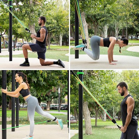 5 træningselastikker med håndtag, døranker og træningsvejledning