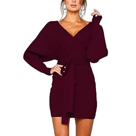 Sexy strikket kjole med åpen rygg for kvinner, flaggermusermelang kjole med lange ermer