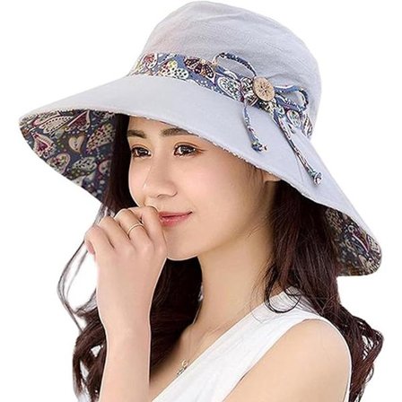 Dobbeltsidig solhatt med bred brem for kvinner - Sammenleggbar - Vendbar hattestropp - Lys grå