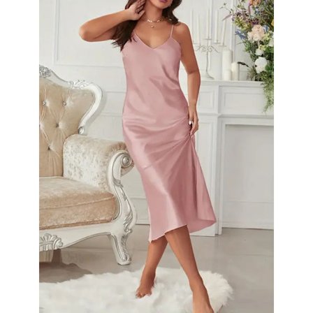 Enfärgad Satin Slip Nattlinne, Elegant V-ringad Rygglös Spaghettirem Nattklänning, Dam Sovkläder & Klänningar Rosa Pink