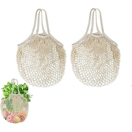 Miljøvenligt økologisk bomuldsnet til indkøb af dagligvarer med holdbart håndtag til grøntsager, frugt, varer (beige)