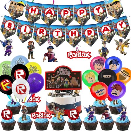 Kompatibilitet med 60-års Roblox Party Dekoration Set Banners Ballonger Tårtdekorationer Swirls