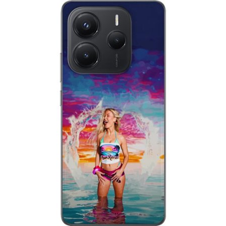 Yhteensopiva Puhelinkuori Xiaomi Redmi Note 14 5G Vaalea nainen kirjavia rantavaatteita pelaa meressä auringonlaskun aikaan