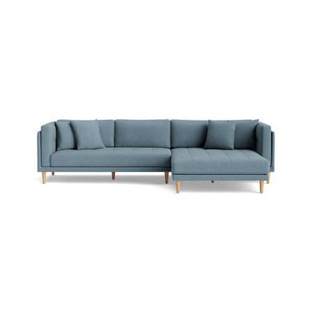 Cali chaiselong sofa, højrevendt - Hygge Pastelblå - 295x170x76cm - Bred dobbelt chaiselong sofa med bøgetræsben & 4 pyntepuder for ekstra komfort