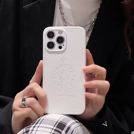 Etui til iPhone 15plus Hvid blomst krokus hjerte Klassisk presset læder Chrome Hearts Full-Body læder Tekstureret blød
