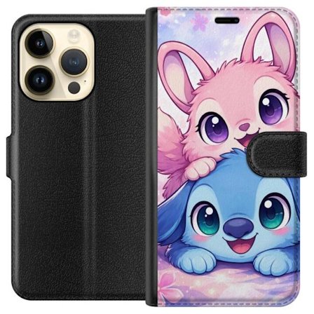 Kompatibel Tegnebogsetui til Apple Apple iPhone 14 Pro Sød kawaii illustration med pink og blå fantasidyr, store øjne og bløde farver perfekt til