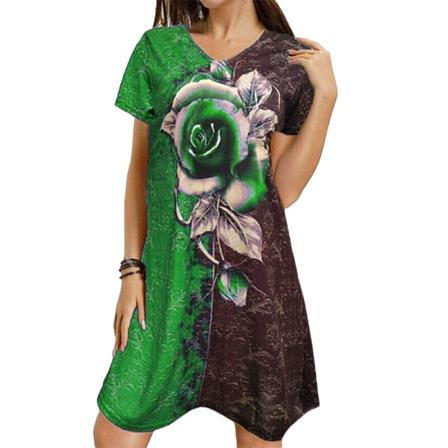Print Klänning Kvinnor V-ringad Kortärmad Lös Sommar Knä-