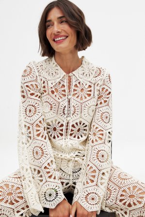 NA-KD - Strikket topp med hekling og lange ermer - Sommersett - OffHvit - XS (EU 32)