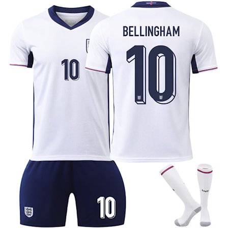 2024 EM England Hjemmebane Nr. 10 Jude Bellingham Trøje Fodboldsæt Børnesæt Størrelse: 26