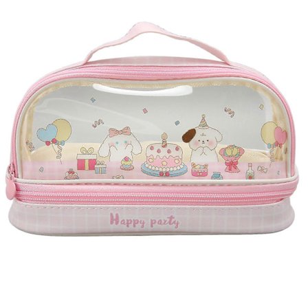 Søtt pennal tegneseriemønster stor kapasitet klar blyantveske pennveske med glidelås og håndtak for skrivesaker kosmetikk rosa