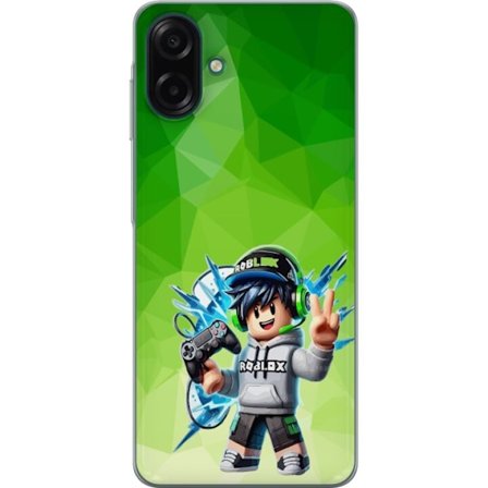 Kompatibelt Mobildeksel til Samsung Galaxy A07 4G Roblox-inspirert gamerfigur med headset, håndkontroll og energiske effekter mot grønn bakgrunn