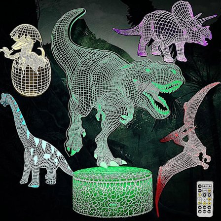 5 Mönster Dinosaurie Nattlampa, 3D Illusion Lampa Med 7 Färgskiftande Fjärrkontroll Smart Touch, Dinosaurieleksak Present Till Födelsedag Jul För Barn