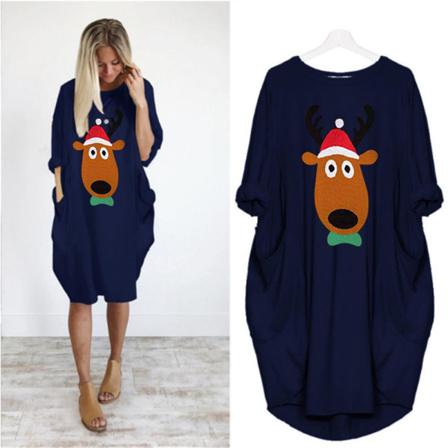 Kvinnor Kortärmad Casual Christmas Print Pocket T-shirt Dress