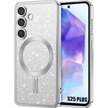 Cover til Samsung Galaxy S25 Plus (S25+), Glitterbeskyttelse med Sølv Magnetring